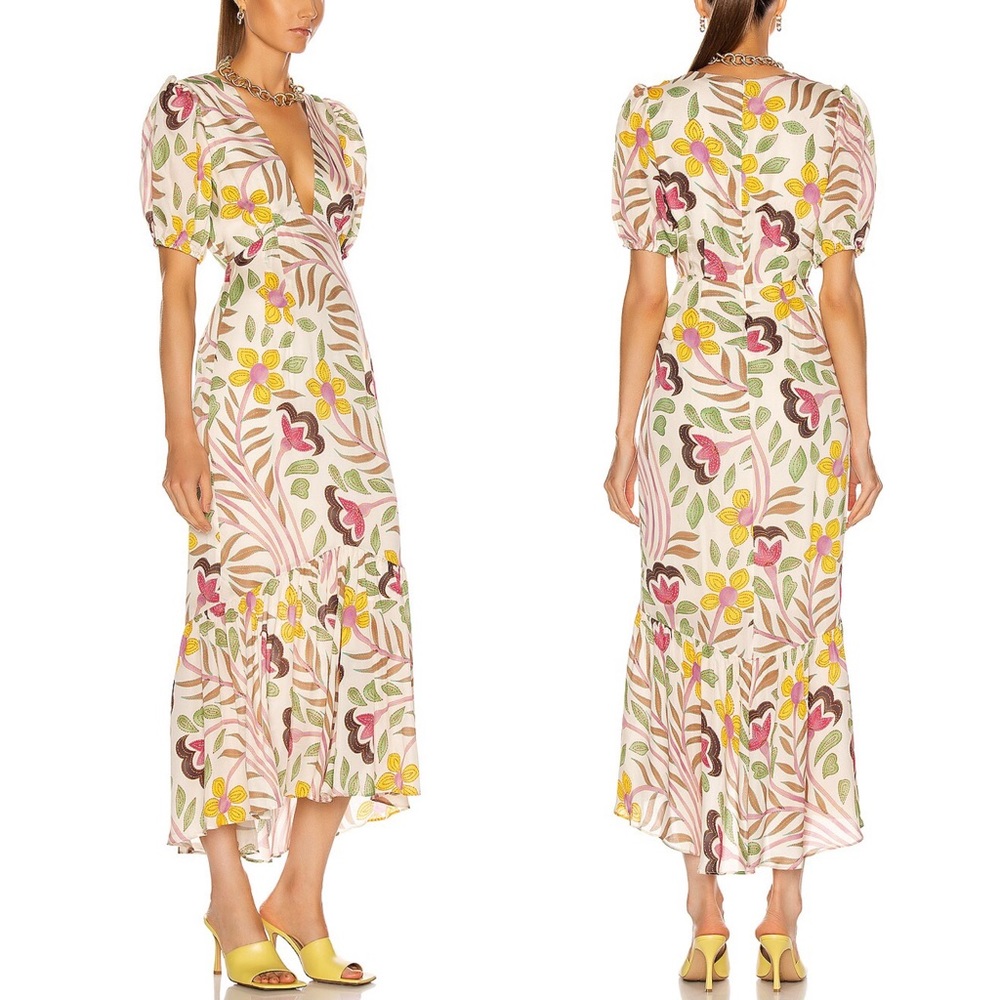 RHODE Floral Midi Dress - Yellow, Pink, Green